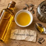 Huile de tournesol bienfaits : bouteille et graines de tournesol sur table