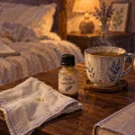 Huile essentielle insomnie : mouchoir avec goutte et flacon, au lit