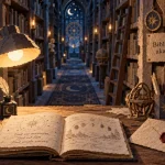 Bibliothèque akashique, table et livres en papier, lampe et carnet