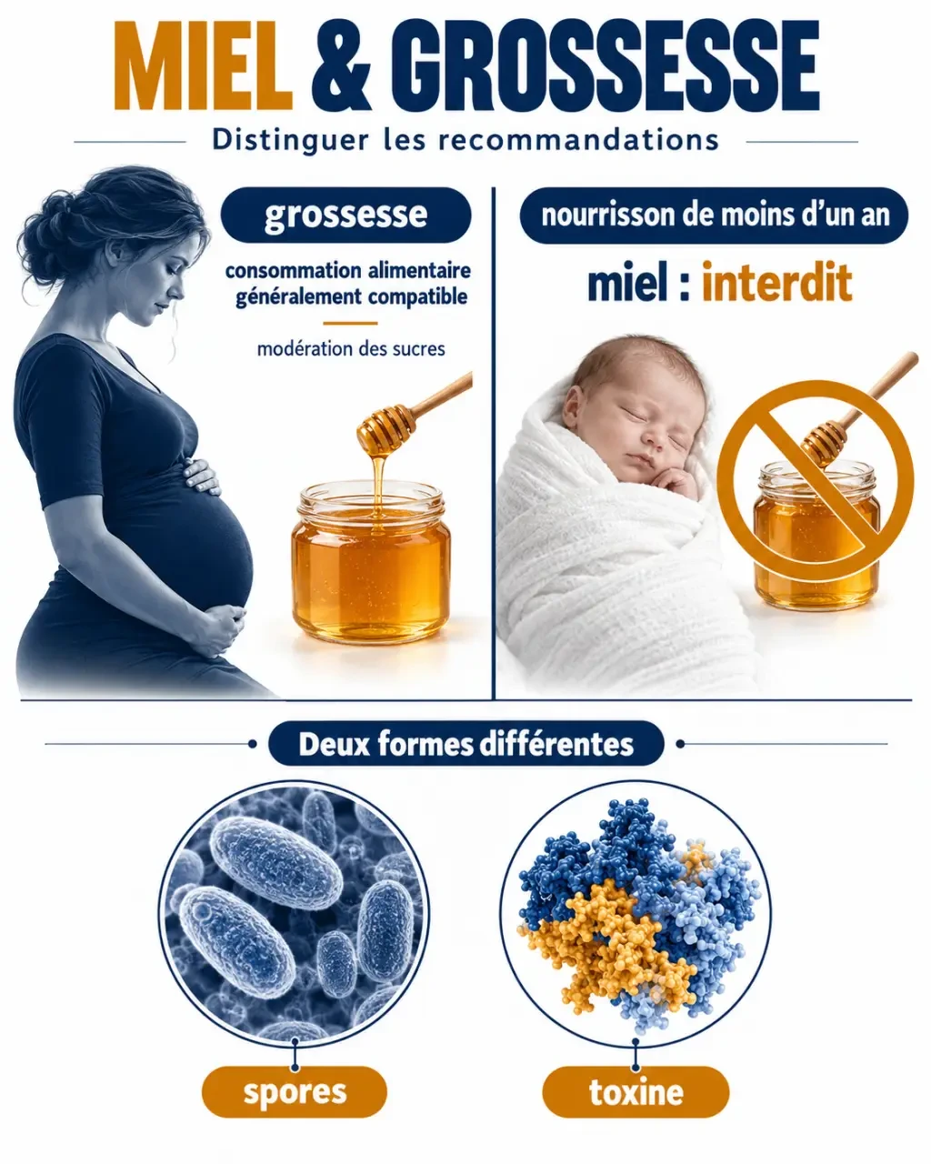 Infographie expliquant le miel et grossesse, le botulisme infantile et l’interdiction du miel avant un an