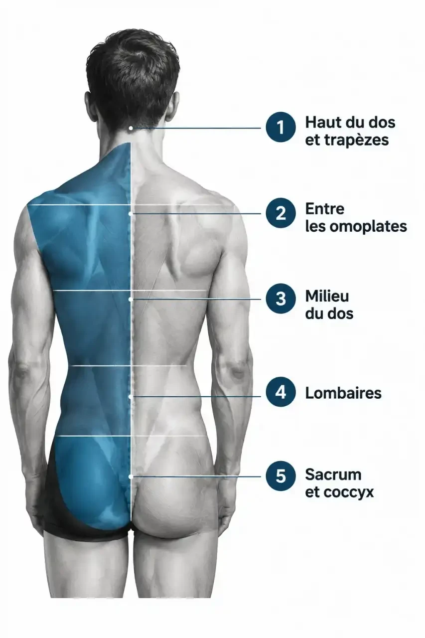 Schéma des zones du mal de dos côté gauche et de leur signification spirituelle : haut du dos, omoplates, milieu du dos, lombaires et sacrum