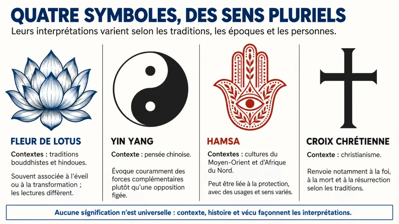 Signification spirituelle de quatre symboles : lotus, yin yang, hamsa et croix chrétienne
