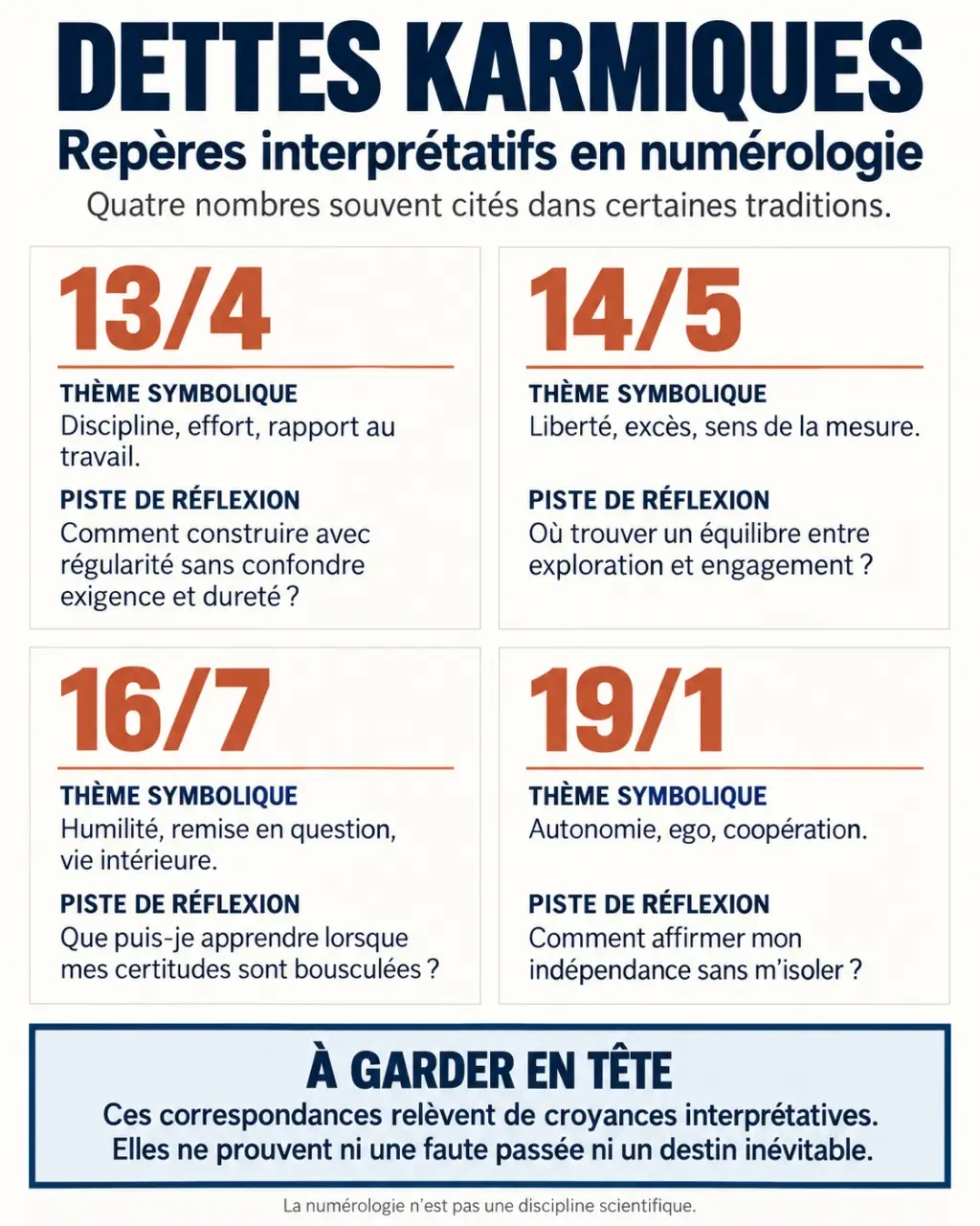 Infographie sur les dettes karmiques et les nombres 13, 14, 16 et 19 en numérologie