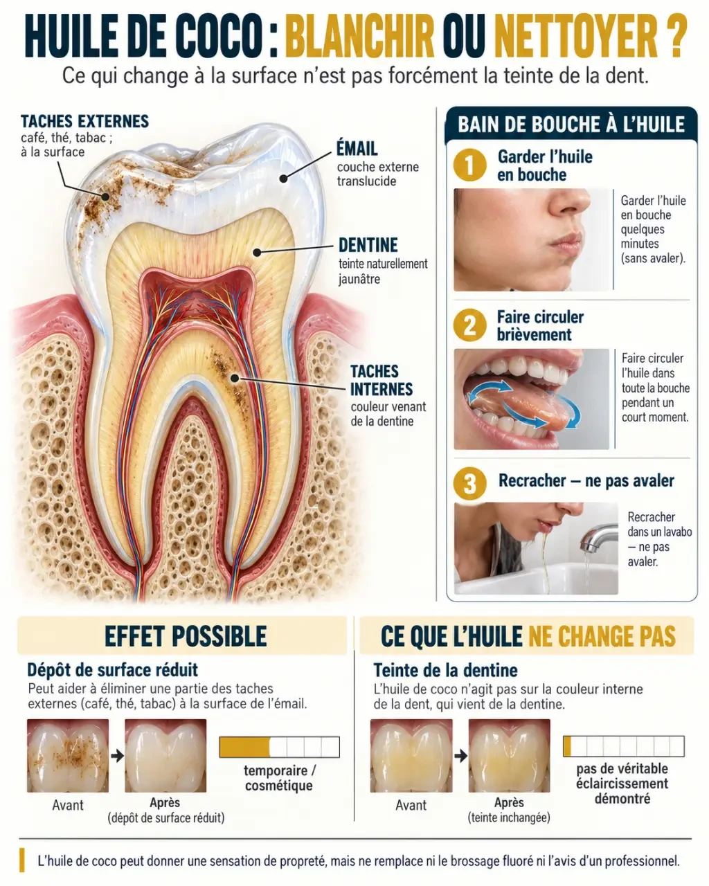 Infographie sur blanchir les dents avec l'huile de coco et la différence entre taches externes et couleur naturelle