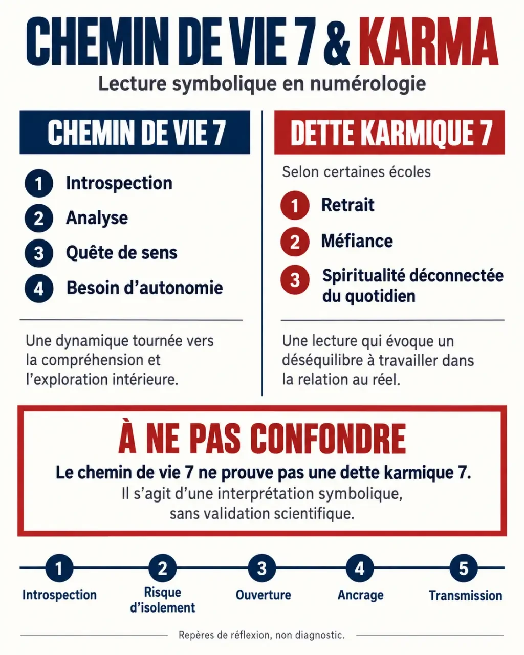 Infographie sur le chemin de vie 7 et le karma distinguant chemin de vie 7 et dette karmique 7