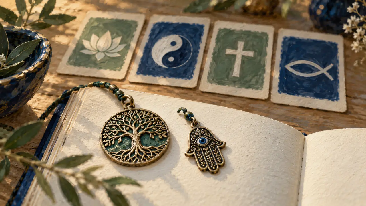 Signification spirituelle : pendentif arbre de vie et hamsa, cartes symboles